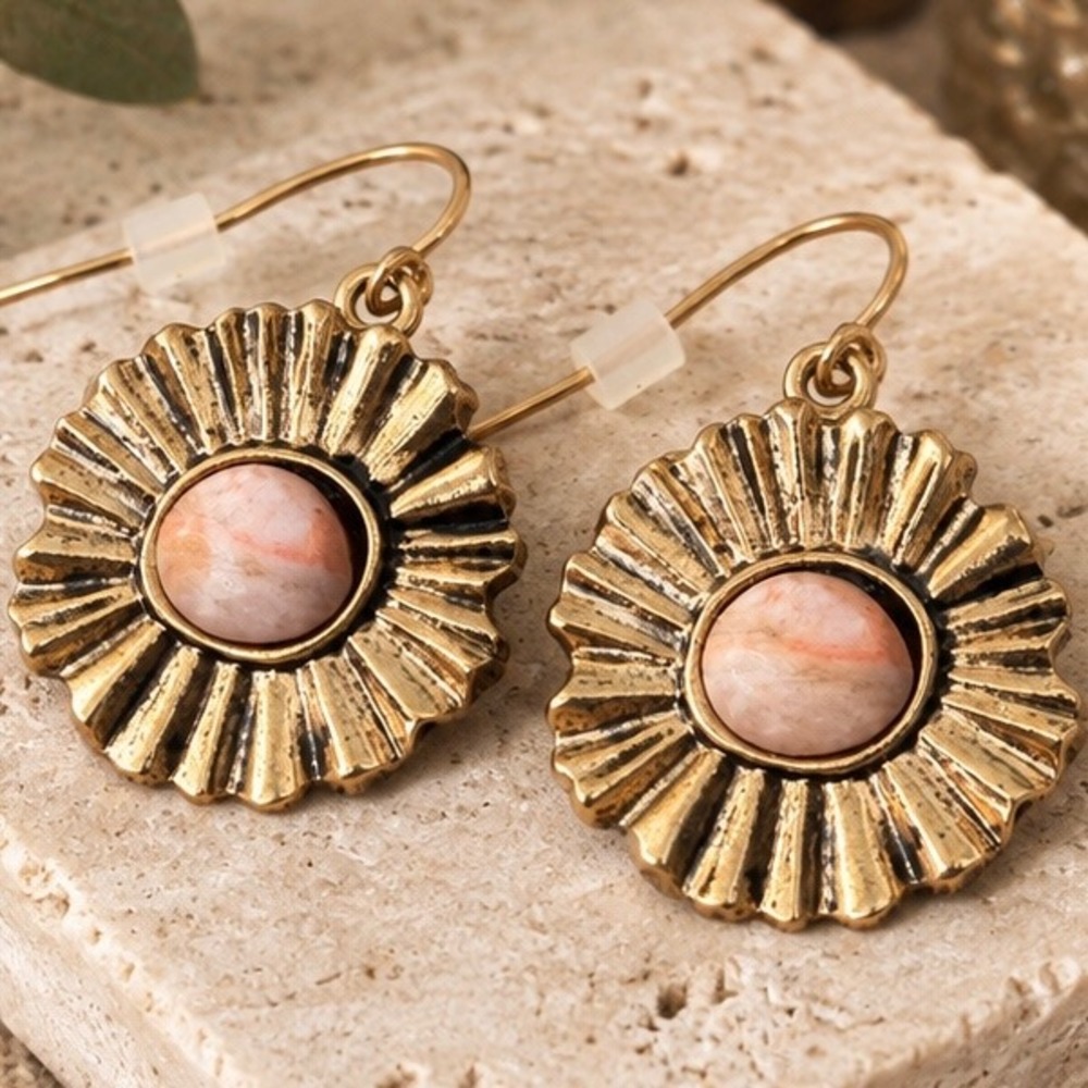 Antiqued Gold Tone Sunburst Drop Earrings with Peach Stone Inlay Boho Style